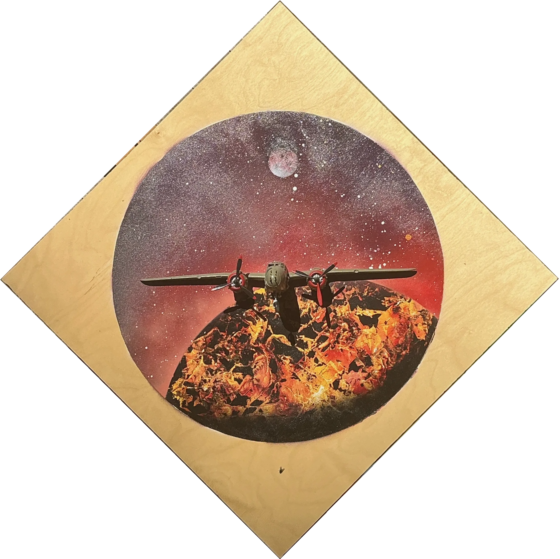 A wooden panel with a circular painting of space a planet and a moon. The front half of a model airplane is glued to the center of the painting as if it is flying out