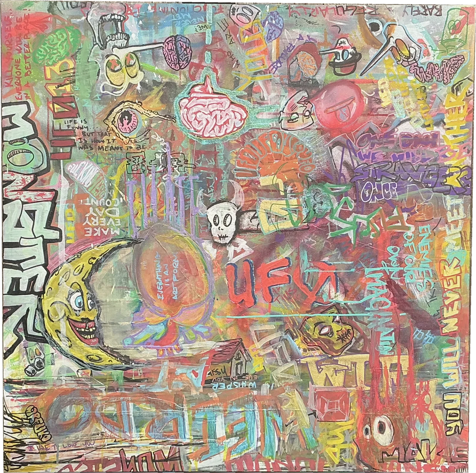 An abstract expressionist painting with bits and pieces of words, shapes, and cartoons against a swirling colorful background